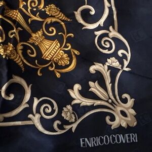 Enrico Coveri 100% Silk Scarf Navy Gold Baroque Floral Made in Italy 34 Vintage